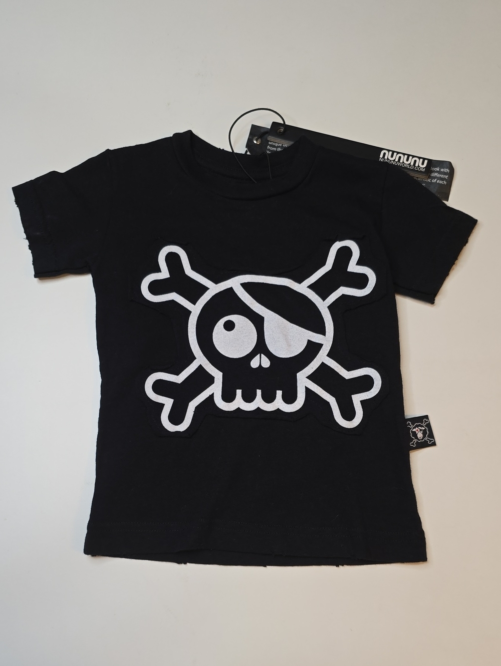 nununu Black Tee with White Pirate Skull Graphic